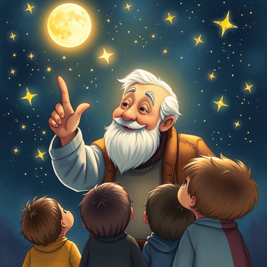 An enchanting illustration of Uncle Moon, an elderly man with a kind face, pointing up at a beautiful, star-filled night sky