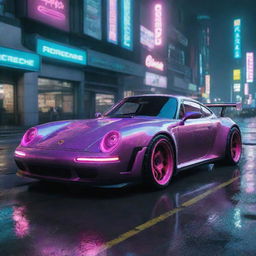 Imagine a Porsche-styled vehicle in Cyberpunk 2077, embodying futuristic aesthetics, lit by neon highlights, darting around in the rain-drenched, neon-soaked scenery of Night City