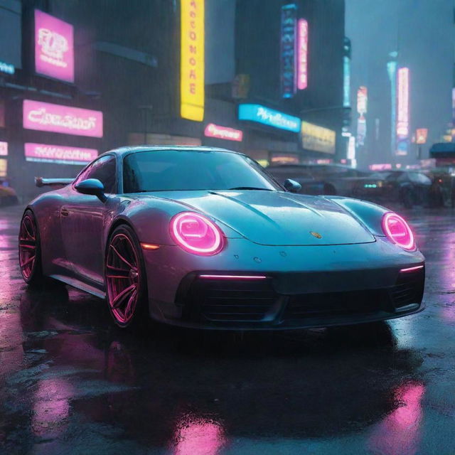 Imagine a Porsche-styled vehicle in Cyberpunk 2077, embodying futuristic aesthetics, lit by neon highlights, darting around in the rain-drenched, neon-soaked scenery of Night City