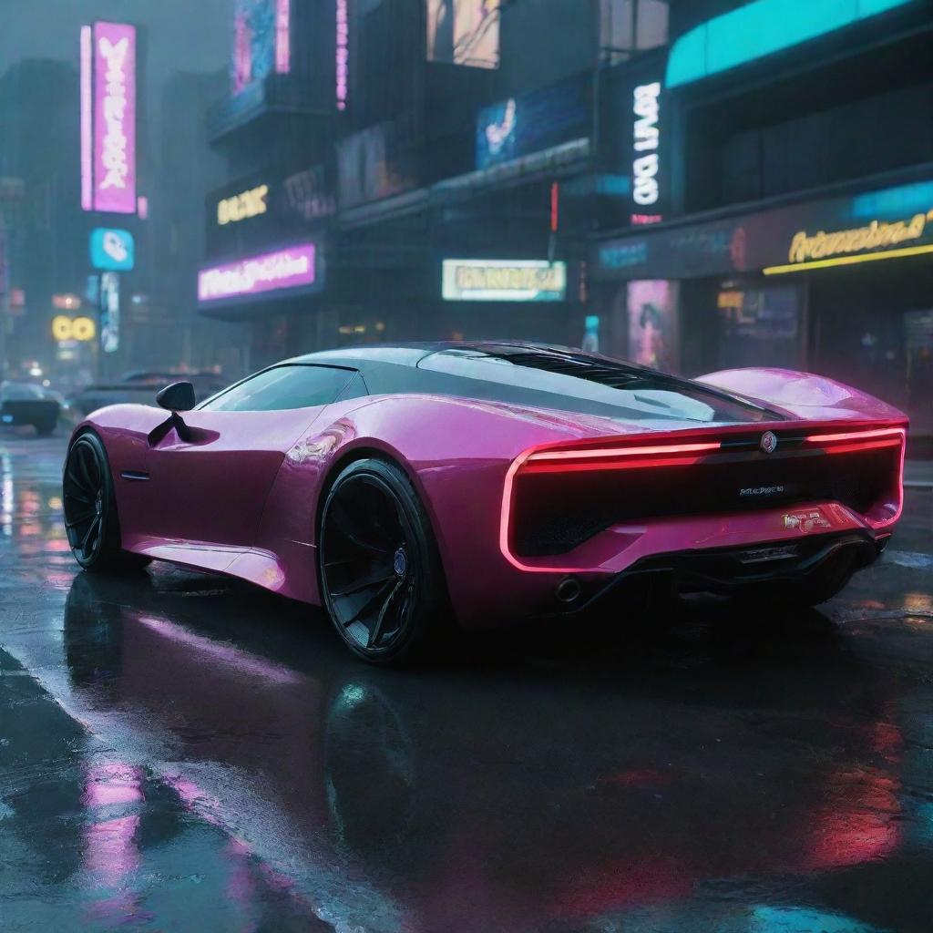 Visualize an Alfa Romeo-inspired futuristic vehicle in the world of Cyberpunk 2077, featuring a sleek design, radiant neon detailing, maneuvering swiftly amid the rain-soaked, electric lit cityscape of Night City