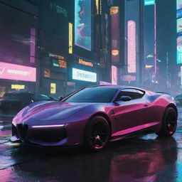 Visualize an Alfa Romeo-inspired futuristic vehicle in the world of Cyberpunk 2077, featuring a sleek design, radiant neon detailing, maneuvering swiftly amid the rain-soaked, electric lit cityscape of Night City