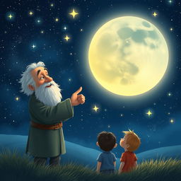 An enchanting scene featuring Uncle Moon, an elderly man with a gentle, kind face, pointing up at a magnificent, star-filled night sky