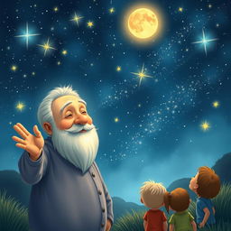 An enchanting scene featuring Uncle Moon, an elderly man with a gentle, kind face, pointing up at a magnificent, star-filled night sky