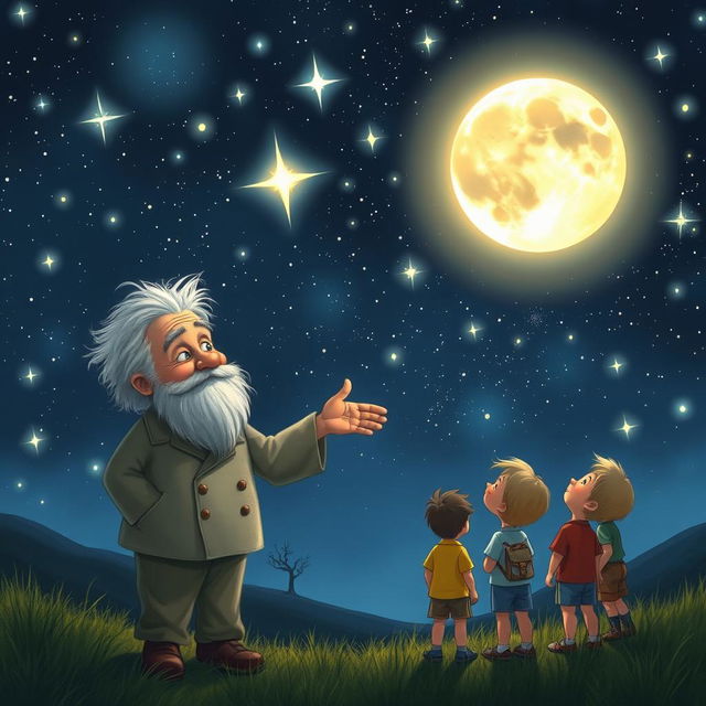 An enchanting scene featuring Uncle Moon, an elderly man with a gentle, kind face, pointing up at a magnificent, star-filled night sky