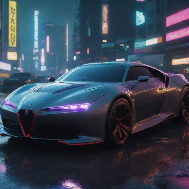 Visualize an Alfa Romeo-inspired futuristic vehicle in the world of Cyberpunk 2077, featuring a sleek design, radiant neon detailing, maneuvering swiftly amid the rain-soaked, electric lit cityscape of Night City