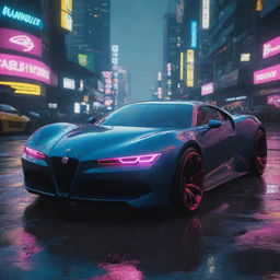 Visualize an Alfa Romeo-inspired futuristic vehicle in the world of Cyberpunk 2077, featuring a sleek design, radiant neon detailing, maneuvering swiftly amid the rain-soaked, electric lit cityscape of Night City