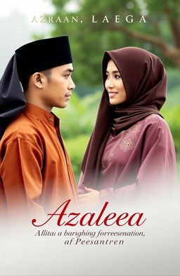 A compelling book cover for the title 'Azaleea: Cinta yang Terlahir di Pesantren' featuring the characters Azhar and Leyaa