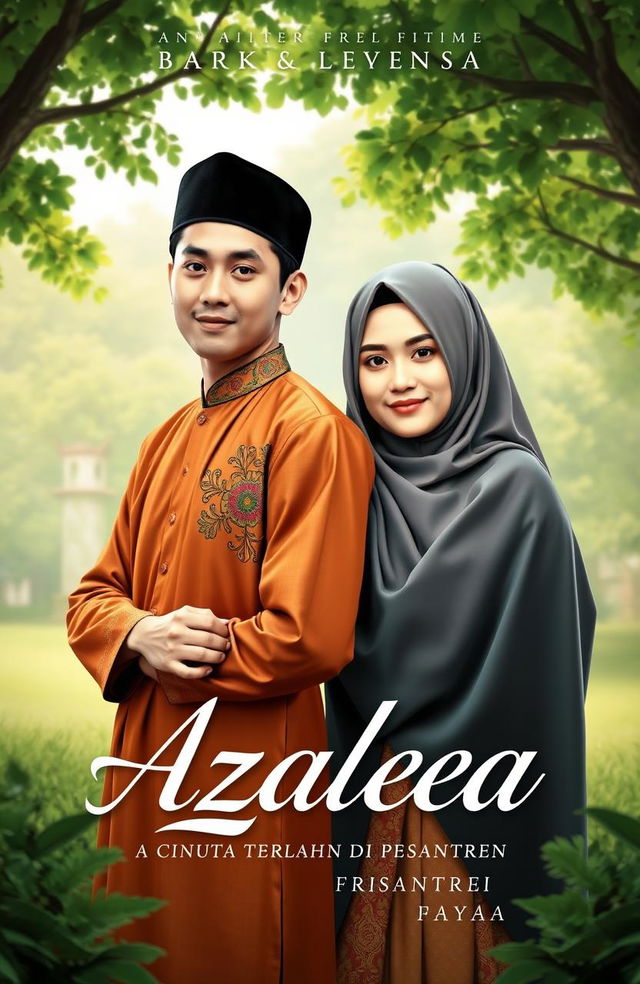 A compelling book cover for the title 'Azaleea: Cinta yang Terlahir di Pesantren' featuring the characters Azhar and Leyaa