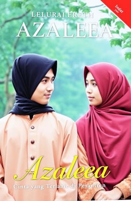 A compelling book cover for the title 'Azaleea: Cinta yang Terlahir di Pesantren' featuring the characters Azhar and Leyaa