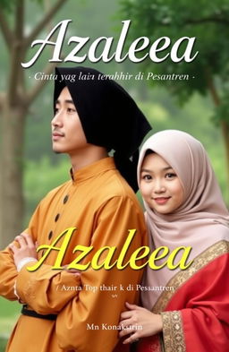 A compelling book cover for the title 'Azaleea: Cinta yang Terlahir di Pesantren' featuring the characters Azhar and Leyaa