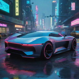 Imagine a Jaguar-styled futuristic car in the landscape of Cyberpunk 2077, exhibiting aerodynamic curves, illuminated by neon elements, racing through the cybernetic, rain-washed streets of Night City