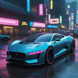 Imagine a Jaguar-styled futuristic car in the landscape of Cyberpunk 2077, exhibiting aerodynamic curves, illuminated by neon elements, racing through the cybernetic, rain-washed streets of Night City