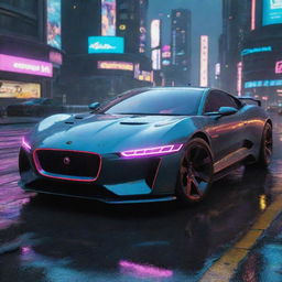 Imagine a Jaguar-styled futuristic car in the landscape of Cyberpunk 2077, exhibiting aerodynamic curves, illuminated by neon elements, racing through the cybernetic, rain-washed streets of Night City