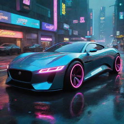 Imagine a Jaguar-styled futuristic car in the landscape of Cyberpunk 2077, exhibiting aerodynamic curves, illuminated by neon elements, racing through the cybernetic, rain-washed streets of Night City