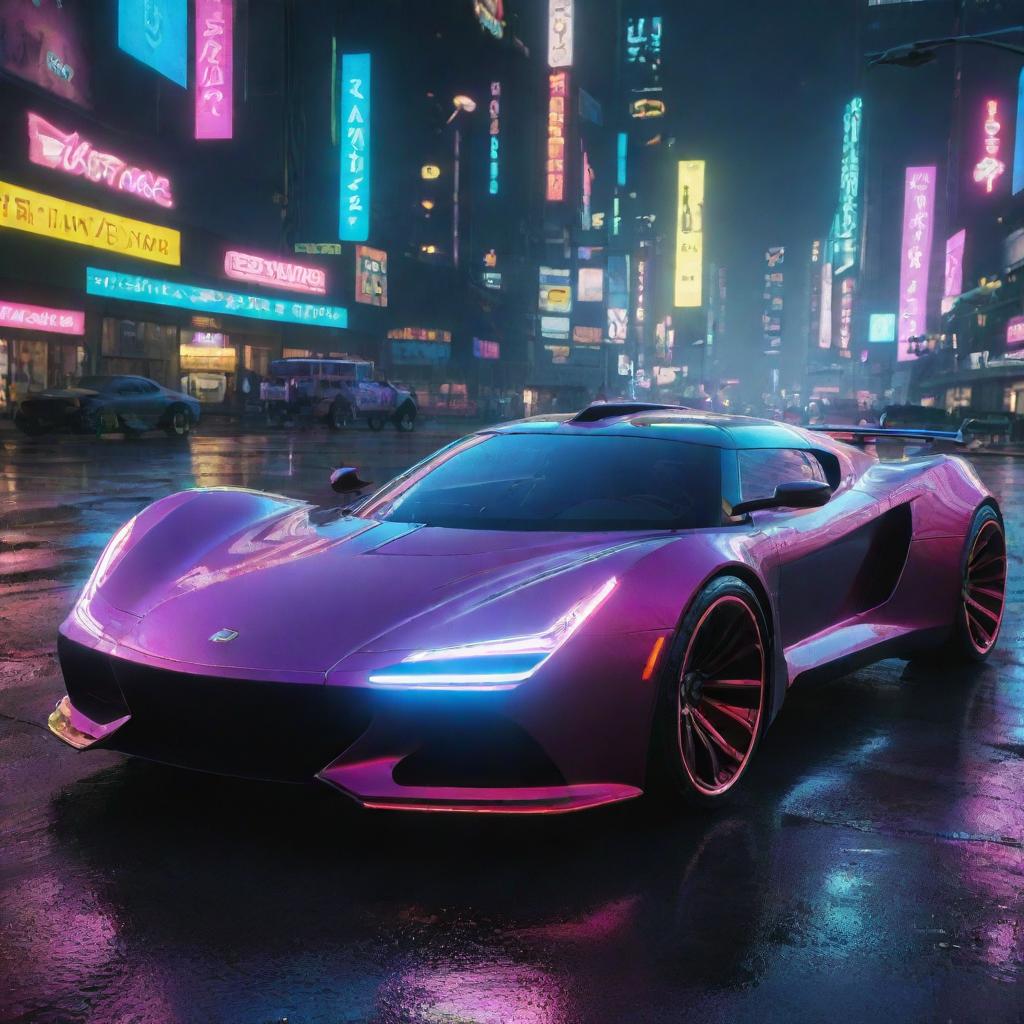 Picture a Lotus inspired vehicle in the universe of Cyberpunk 2077, featuring sleek curves, high-tech enhancements, and glowing neon trims, darting through the lit-up, rain-drenched cityscape of Night City