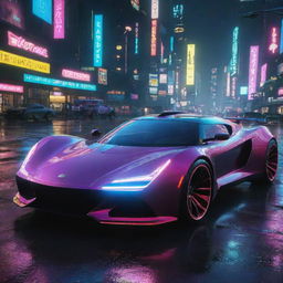 Picture a Lotus inspired vehicle in the universe of Cyberpunk 2077, featuring sleek curves, high-tech enhancements, and glowing neon trims, darting through the lit-up, rain-drenched cityscape of Night City