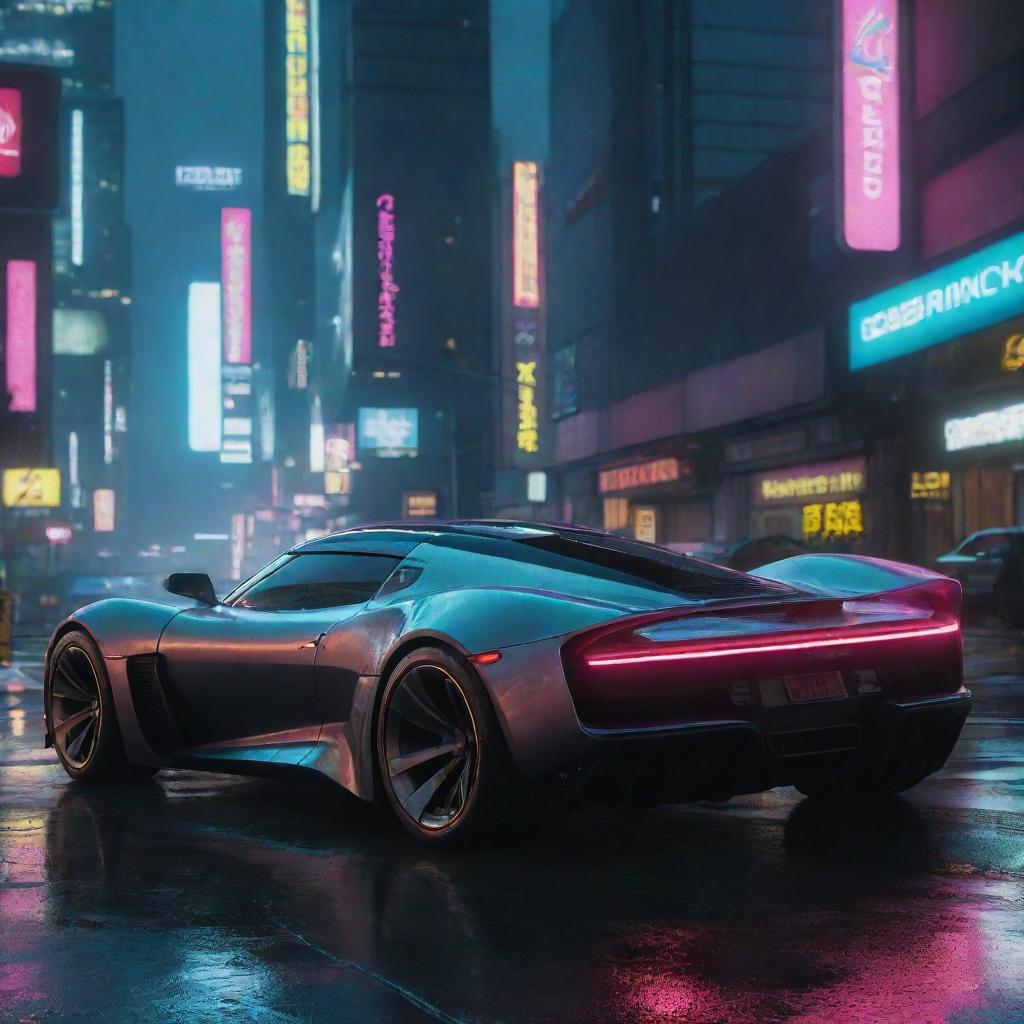 Picture a Lotus inspired vehicle in the universe of Cyberpunk 2077, featuring sleek curves, high-tech enhancements, and glowing neon trims, darting through the lit-up, rain-drenched cityscape of Night City