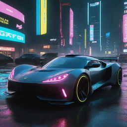 Picture a Lotus inspired vehicle in the universe of Cyberpunk 2077, featuring sleek curves, high-tech enhancements, and glowing neon trims, darting through the lit-up, rain-drenched cityscape of Night City