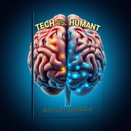 An eye-catching book cover design featuring a large, detailed image of a brain split in half—one side depicting a realistic human brain with natural flesh tones and warm highlights, while the other half is composed of intricate circuits and digital pathways in metallic grays and electric blues