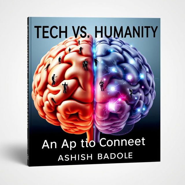 An eye-catching book cover design featuring a large, detailed image of a brain split in half—one side depicting a realistic human brain with natural flesh tones and warm highlights, while the other half is composed of intricate circuits and digital pathways in metallic grays and electric blues