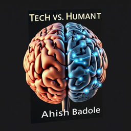 An eye-catching book cover design featuring a large, detailed image of a brain split in half—one side depicting a realistic human brain with natural flesh tones and warm highlights, while the other half is composed of intricate circuits and digital pathways in metallic grays and electric blues
