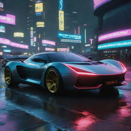 Picture a Lotus inspired vehicle in the universe of Cyberpunk 2077, featuring sleek curves, high-tech enhancements, and glowing neon trims, darting through the lit-up, rain-drenched cityscape of Night City