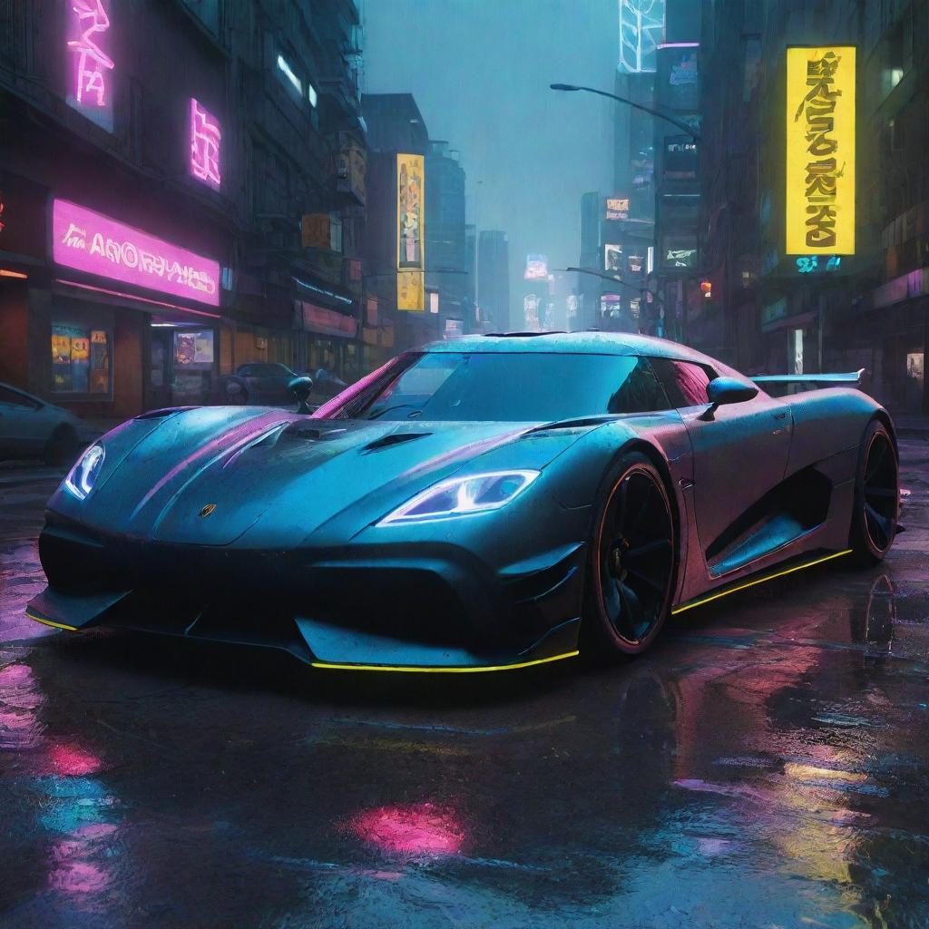 Visualize a Koenigsegg inspired, high-tech, aerodynamic car in the Cyberpunk 2077 universe, glowing with neon lights, slicing through the neon-infused rain-soaked streets of Night City