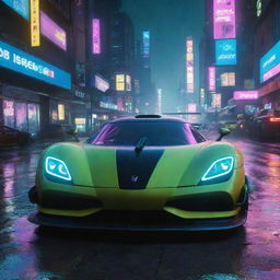 Visualize a Koenigsegg inspired, high-tech, aerodynamic car in the Cyberpunk 2077 universe, glowing with neon lights, slicing through the neon-infused rain-soaked streets of Night City