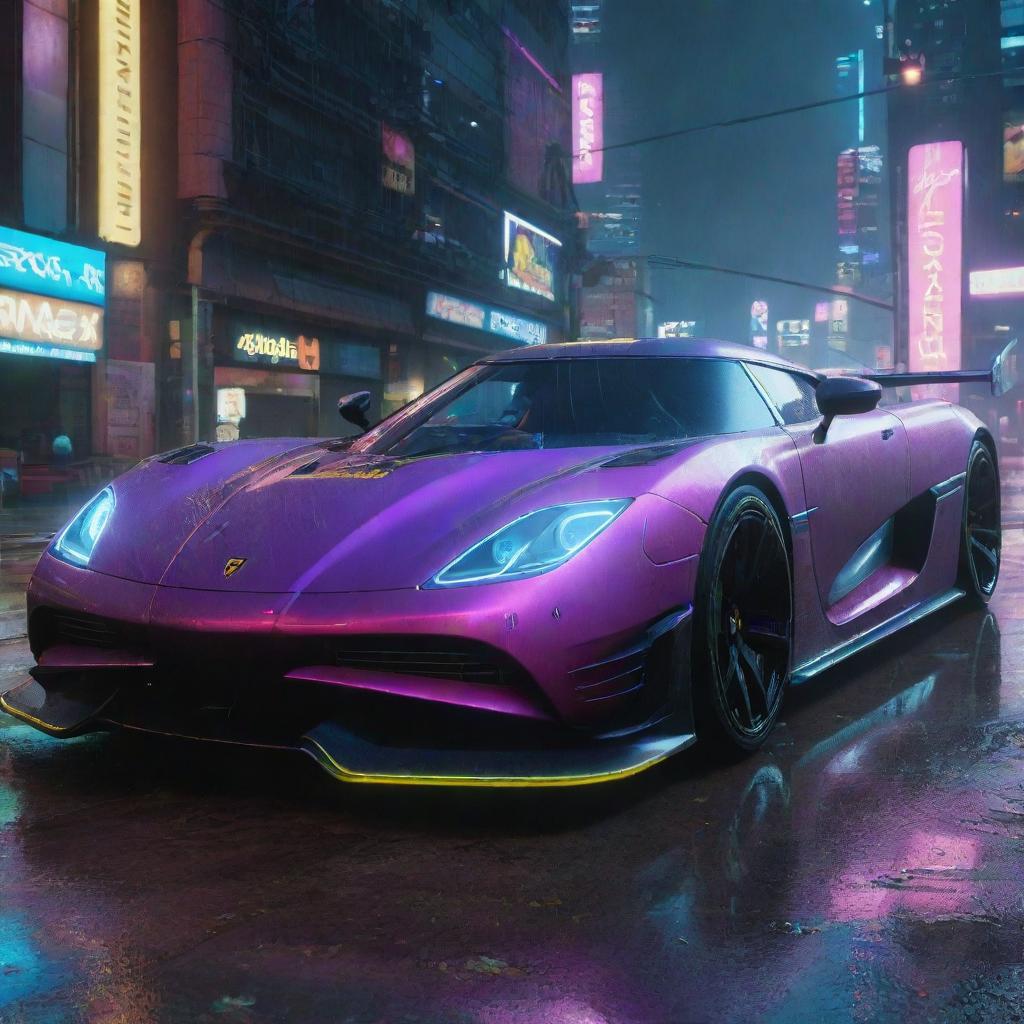 Visualize a Koenigsegg inspired, high-tech, aerodynamic car in the Cyberpunk 2077 universe, glowing with neon lights, slicing through the neon-infused rain-soaked streets of Night City