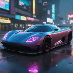 Visualize a Koenigsegg inspired, high-tech, aerodynamic car in the Cyberpunk 2077 universe, glowing with neon lights, slicing through the neon-infused rain-soaked streets of Night City