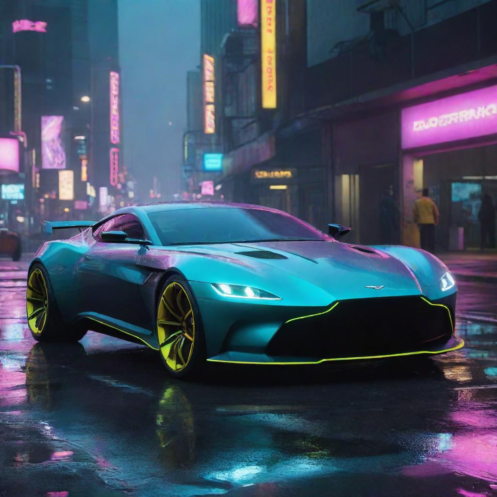 Imagine a futuristic Aston Martin inspired vehicle in the Cyberpunk 2077 universe, sleek with high-tech details, neon accents navigating through the rainy, neon-lit streets of Night City