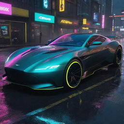 Imagine a futuristic Aston Martin inspired vehicle in the Cyberpunk 2077 universe, sleek with high-tech details, neon accents navigating through the rainy, neon-lit streets of Night City