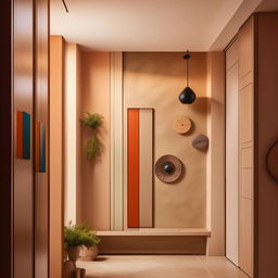 Generate a modern, welcoming house with a colorful feature wall and minimalistic decor. The color scheme should include beige, cream, or off-white, with elements of wood. Include elements of wall decor like clocks and wall cladding, optimized for cost-effectiveness in India.