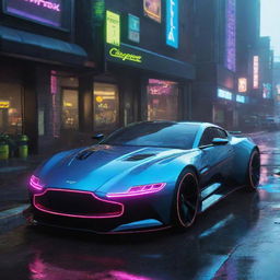 Imagine a futuristic Aston Martin inspired vehicle in the Cyberpunk 2077 universe, sleek with high-tech details, neon accents navigating through the rainy, neon-lit streets of Night City