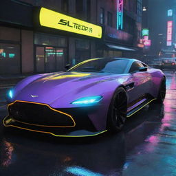 Imagine a futuristic Aston Martin inspired vehicle in the Cyberpunk 2077 universe, sleek with high-tech details, neon accents navigating through the rainy, neon-lit streets of Night City