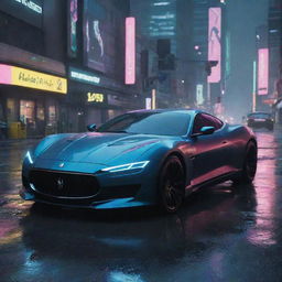 Envisage a Maserati-styled futuristic vehicle in the world of Cyberpunk 2077, characterized by sleek curves and neon detailing, driving briskly through the rainy, brightly lit roads of Night City