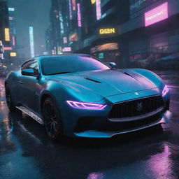 Envisage a Maserati-styled futuristic vehicle in the world of Cyberpunk 2077, characterized by sleek curves and neon detailing, driving briskly through the rainy, brightly lit roads of Night City