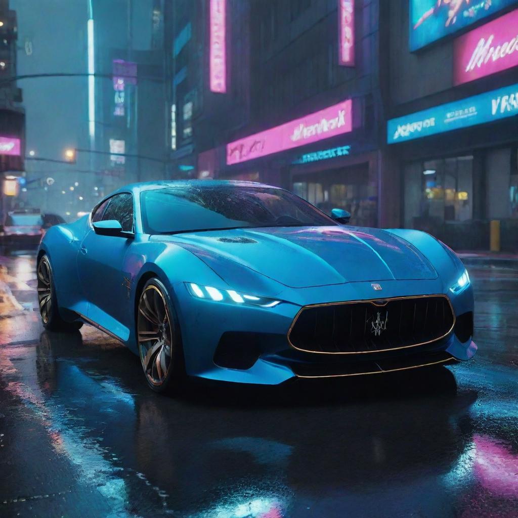 Envisage a Maserati-styled futuristic vehicle in the world of Cyberpunk 2077, characterized by sleek curves and neon detailing, driving briskly through the rainy, brightly lit roads of Night City