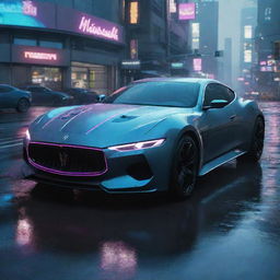 Envisage a Maserati-styled futuristic vehicle in the world of Cyberpunk 2077, characterized by sleek curves and neon detailing, driving briskly through the rainy, brightly lit roads of Night City