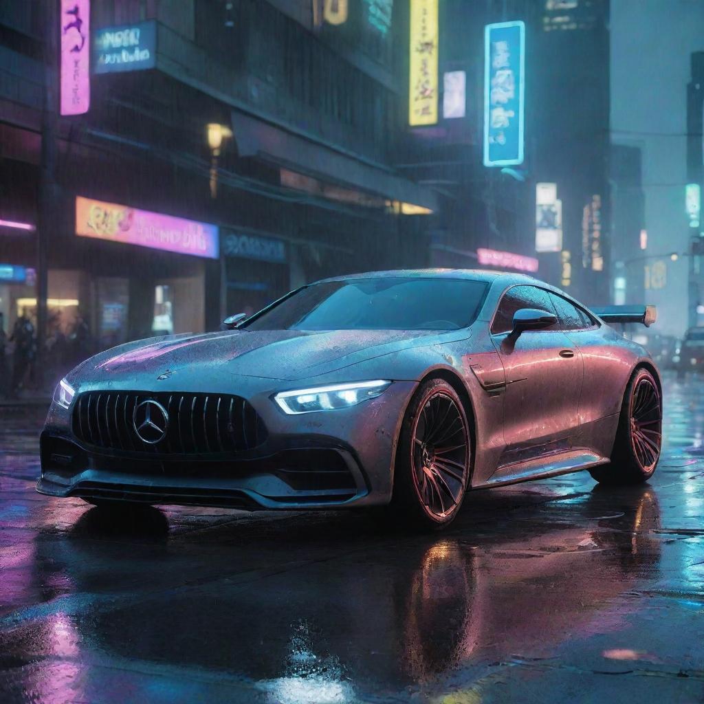 Picture a Mercedes-Benz redesigned in the Cyberpunk 2077 style, futuristic and sleek with neon accents, cruising the rain-soaked, brightly lit streets of Night City