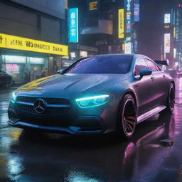 Picture a Mercedes-Benz redesigned in the Cyberpunk 2077 style, futuristic and sleek with neon accents, cruising the rain-soaked, brightly lit streets of Night City