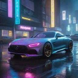 Picture a Mercedes-Benz redesigned in the Cyberpunk 2077 style, futuristic and sleek with neon accents, cruising the rain-soaked, brightly lit streets of Night City