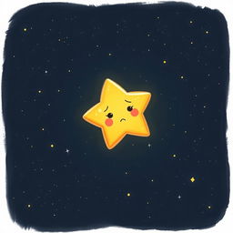 An imaginative illustration of a tiny, lonely star named Twinkle, floating in a vast, dark sky