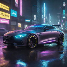 Picture a Mercedes-Benz redesigned in the Cyberpunk 2077 style, futuristic and sleek with neon accents, cruising the rain-soaked, brightly lit streets of Night City