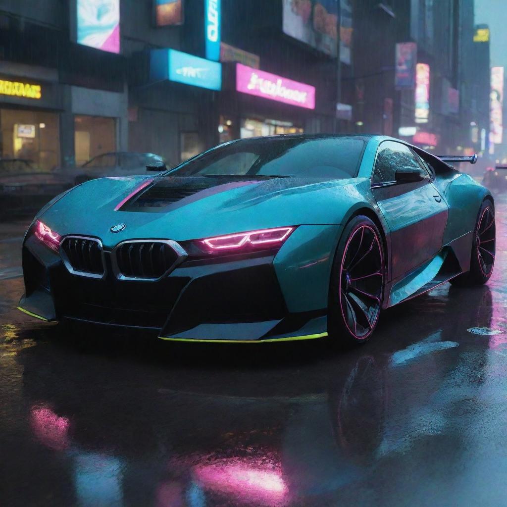 Visualize a futuristic BMW inspired vehicle in the Cyberpunk 2077 universe, showcasing sleek aesthetics, distinctive neon accents, navigating the rain-slick, neon drenched streets of Night City