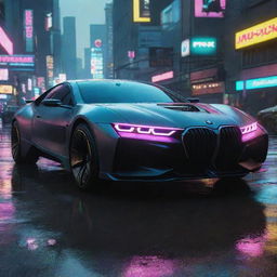 Visualize a futuristic BMW inspired vehicle in the Cyberpunk 2077 universe, showcasing sleek aesthetics, distinctive neon accents, navigating the rain-slick, neon drenched streets of Night City