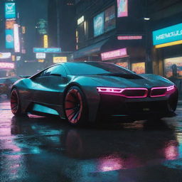 Visualize a futuristic BMW inspired vehicle in the Cyberpunk 2077 universe, showcasing sleek aesthetics, distinctive neon accents, navigating the rain-slick, neon drenched streets of Night City