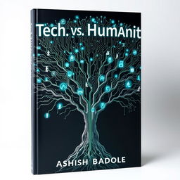 An imaginative book cover design featuring a large, striking tree where the branches are composed of intricate circuit lines instead of traditional leaves