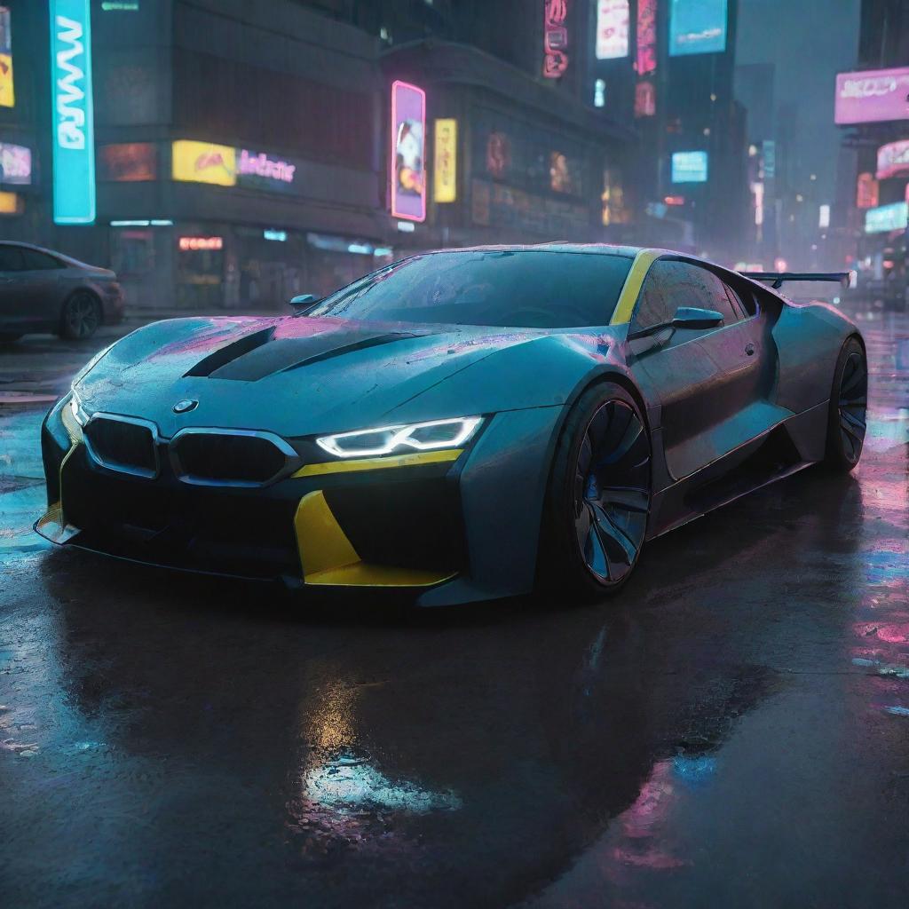 Visualize a futuristic BMW inspired vehicle in the Cyberpunk 2077 universe, showcasing sleek aesthetics, distinctive neon accents, navigating the rain-slick, neon drenched streets of Night City