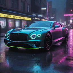 Picture a futuristic Bentley, inspired by Cyberpunk 2077 aesthetics, with unique neon highlights, sleek silhouette, cruising through the neon-lit, rain-soaked streets of Night City